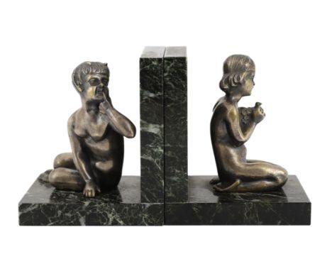 Henri Fugère, a pair of silvered bronze and marble bookends modelled as a kneeling faun and girl holding a posy of flowers, 1