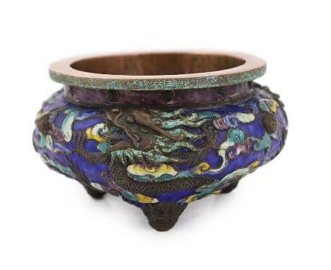 A rare Chinese champlevé enamel and copper repousse work ‘dragon’ censer, Xuande six character mark, 18th/19th century, the b