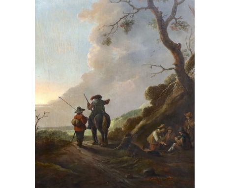 * Circle of Jan Wouwerman (Dutch, 1629-1666) Country lane with figures playing cards and two others, one on horsebackoil on p