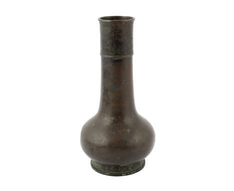 A Chinese bronze vase, Song-Yuan dynasty, the neck and foot decorated with a band of scrolls, 23cm high, dents***CONDITION RE