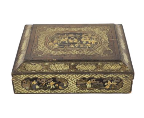 A Chinese gilt-decorated black lacquer games box, mid 19th century, the cover and side panels decorated with figures amid pav