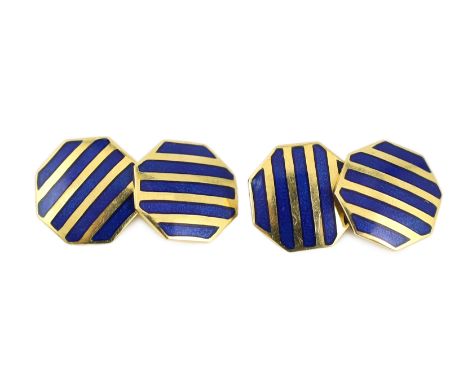 A pair of late 1980's Tiffany &amp; Co 18ct gold and blue striped enamel octagonal cufflinks, 14mm, gross weight 14.5 grams, 