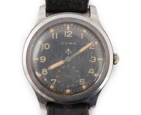 A gentleman's stainless steel WWII Cyma 'Dirty Dozen' military manual wind wrist watch, with black dial and subsidiary second