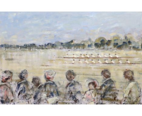 Walter John Beauvais (English, 1942-1998) Figures watching the Oxford and Cambridge boat raceoil on canvassigned and dated '7