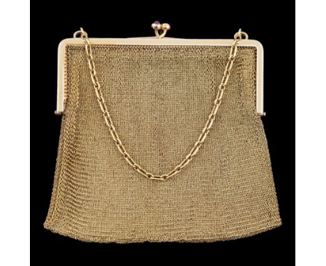A French Cartier 18ct gold, white enamel and two stone cabochon ruby set mesh evening purse, signed Cartier Paris and numbere