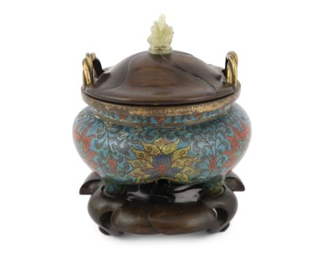 A Chinese cloisonné enamel tripod censer, Li, Xuande six character mark, Ming dynasty, 16th century, the rim with a pair of r