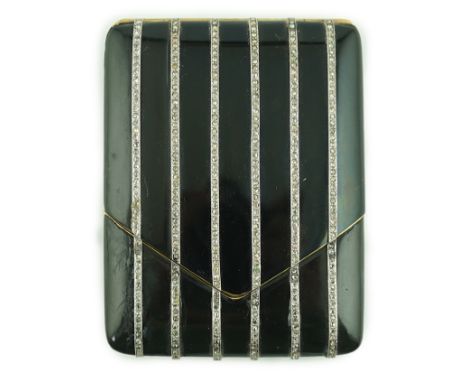 A 1920's gold and black enamel cigarette case, set with six rows of millegrain set rose cut diamonds, 76mm, tests as 18ct, gr