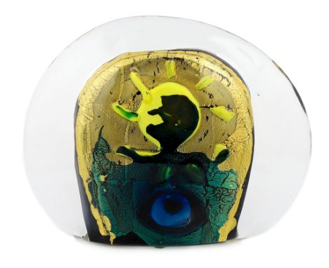 ** A Murano glass dome, with clear glass encasing an abstract figure, in gold, yellow and turquoise, signed, 26cm highPlease 
