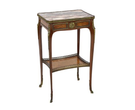 * A Louis XV style ormolu-mounted and satinwood parquetry inlaid mahogany gueridon, with a rouge breccia marble top, 43cm wid