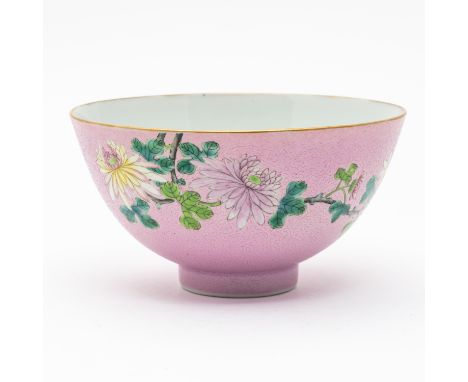 A CHINESE FAMILLE-ROSE PINK-GROUND BOWLBlue Qianlong seal mark but later Enamelled on the exterior with chrysanthemum and flo
