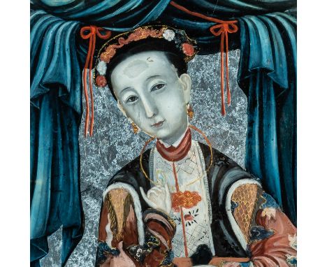 A PAIR OF CHINESE REVERSE PAINTINGS ON MIRRORED GLASS (2)19th century Each painted with an elegant lady seated at a table ben