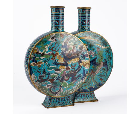 A  CHINESE CLOISONNE ENAMEL DOUBLE FLASKIncised four character Qianlong mark to base but later Formed as two conjoined moonfl