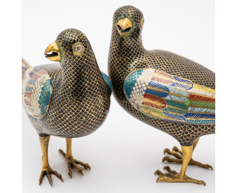 A PAIR OF CHINESE CLOISONNE ENAMEL BLACK-GROUND MAGPIES (2)Jiaqing Each modelled standing with heads turned, the wings and ta