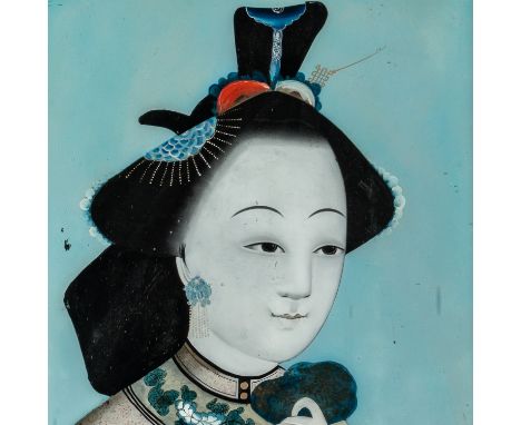 A CHINESE REVERSE GLASS PAINTING OF AN ELEGANT LADYLate Qing dynasty Holding a blue and gilt sash in one hand, her hair swept