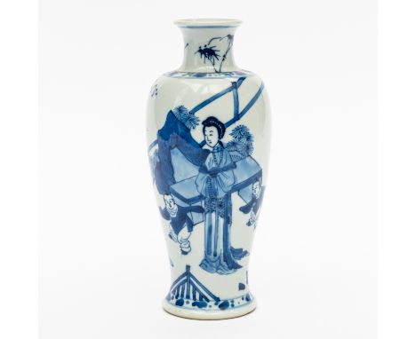 A CHINESE BLUE AND WHITE VASEProbably Kangxi Of slender baluster form, painted with two ladies and two boys at leisure in a f