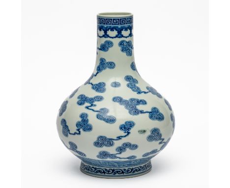 A CHINESE BLUE AND WHITE BOTTLE VASEGuangxu mark and period Painted in underglaze- blue with cloud scrolls between ruyi, wave