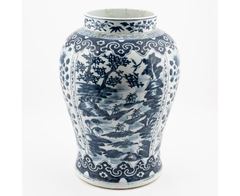 A CHINESE BLUE AND WHITE BALUSTER VASE20th century Painted with panels of figures on horseback riding in a landscape alternat