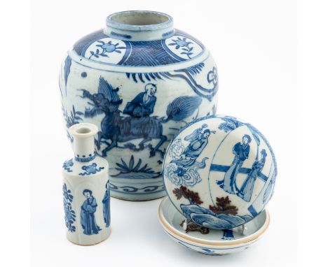 THREE PIECES OF LATE CHINESE BLUE AND WHITE PORCELAIN (4)Comprising; a Wanli style oviform jar painted with a figurative scen