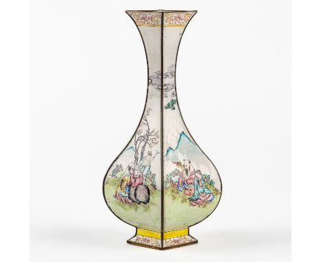A CANTON ENAMEL LOZENGE-SHAPE BOTTLE VASELate 18th/early 19th century The sides enamelled with the Immortals and two deer ben