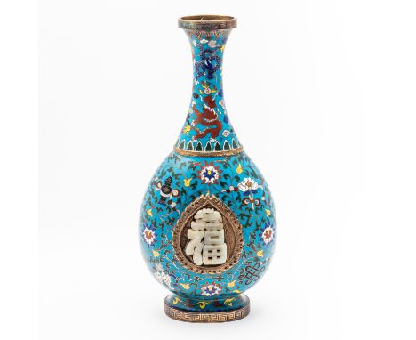 A TALL CHINESE TURQUOISE- GROUND CLOISONNE VASE18th/19th century Of flattened pear form , decorated each side with gilt peach