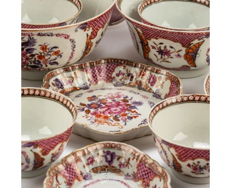 A CHINESE EXPORT PART TEA AND COFFEE SERVICE (27)Late 18th century Each piece painted with flowers inside a puce diaper patte
