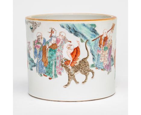 A LARGE CHINESE FAMILLE-ROSE `LUOHAN' BRUSH POTIron-red Daoguang seal mark and probably of the period The cylindrical sides e