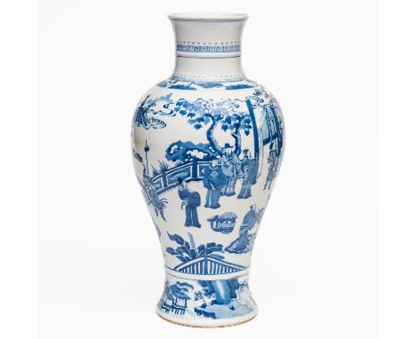 A LARGE CHINESE BLUE AND WHITE BALUSTER VASEKangxi Painted with a continuous scene with an official seated at a table with at