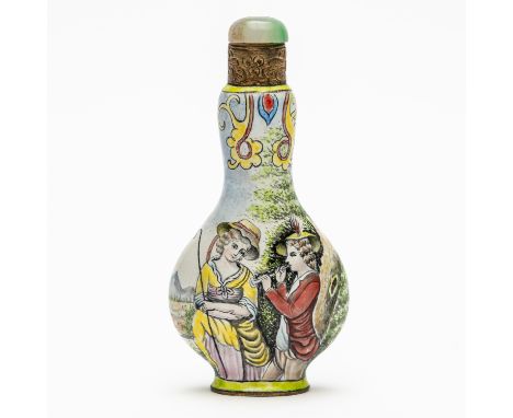 A CANTON ENAMEL EUROPEAN SUBJECT SNUFF BOTTLEEarly 20th century Painted on one side with a shepherd and shepherdess, the reve