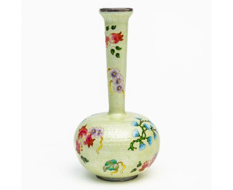 A JAPANESE SILVER-MOUNTED GINBARI ENAMEL BOTTLE VASE20th century Worked with scattered sprays of flowers and pomegranates aga