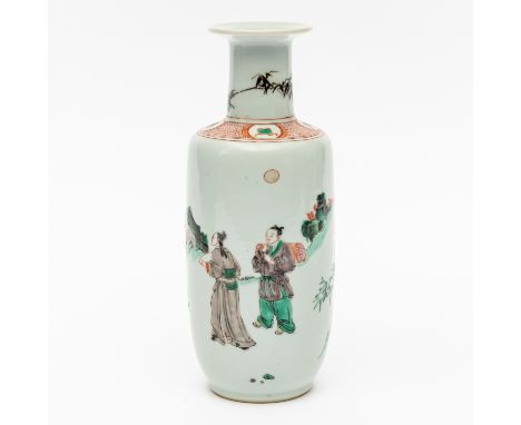 A SMALL CHINESE FAMILLE-VERTE ROULEAU VASEProbably Kangxi Enamelled with an official and two attendants in a landscape, the s