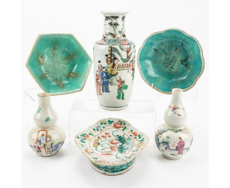 A SMALL CHINESE FAMILLE-VERTE ROULEAU VASE (6)Blue six character Kangxi reign mark but later Painted with officials, attendan