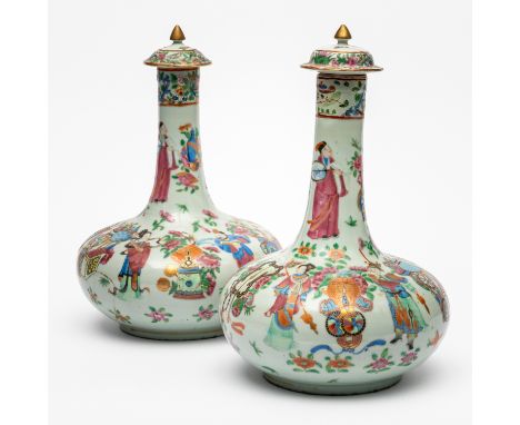 A PAIR OF CHINESE FAMILLE-ROSE BOTTLE VASES AND COVERS (4)19th century Painted with figures amongst Buddhist emblems, 33cm hi