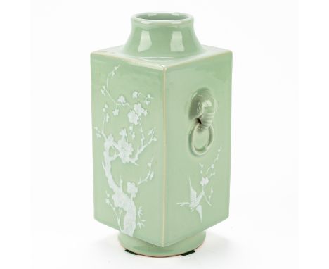 A CHINESE CELADON- GLAZED CONG VASEBlue Qianlong seal mark but later Set with lion mask and ring handles, the sides painted i