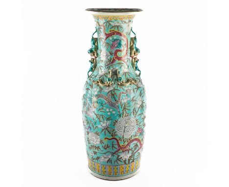 A  LARGE CHINESE TURQUOISE- GROUND DAYAZHAI- TYPE `DRAGONS AND FLOWERS' FLOOR VASELate 19th century Enamelled with variously 