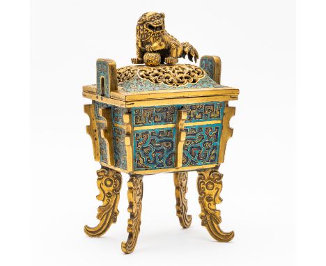 A CHINESE GILT-BRONZE AND CLOISONNE ENAMEL RECTANGULAR INCENSE BURNER AND COVER, FANGDINGProbably Qianlong Supported on four 