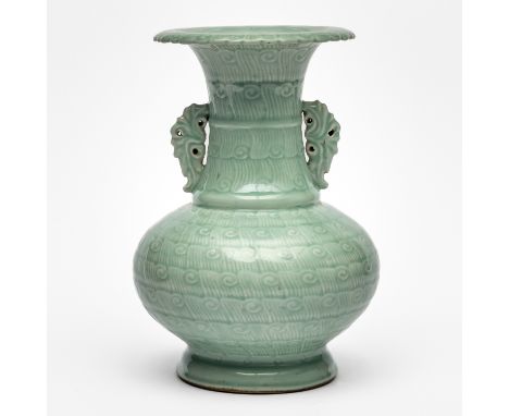 A CHINESE CELADON-GLAZE TWO-HANDLED VASE (2)Blue Qianlong seal mark but probably later The compressed body and waisted neck d