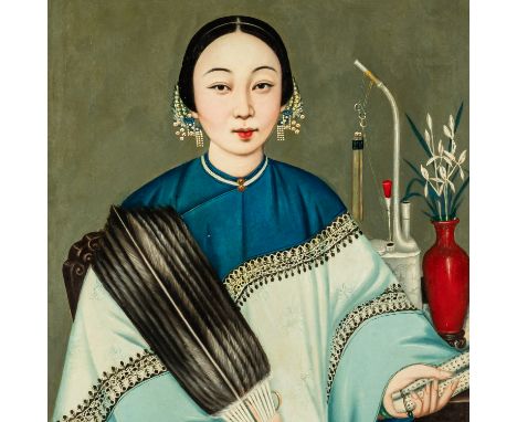 CHINESE SCHOOL. 20th centuryOil on canvas Painted with a portrait of a young woman seated holding a fan, the table beside wit