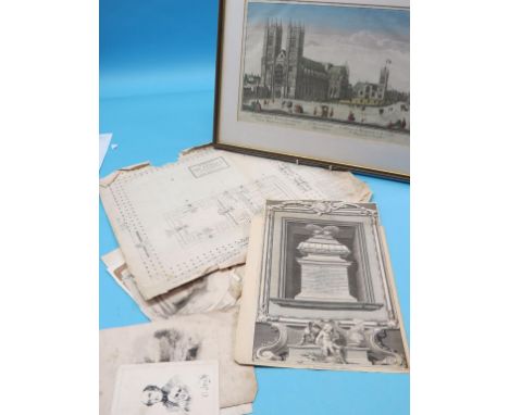 18th century line-engravings - including framed Westminster Abbey, two architectural plans, largely frameless