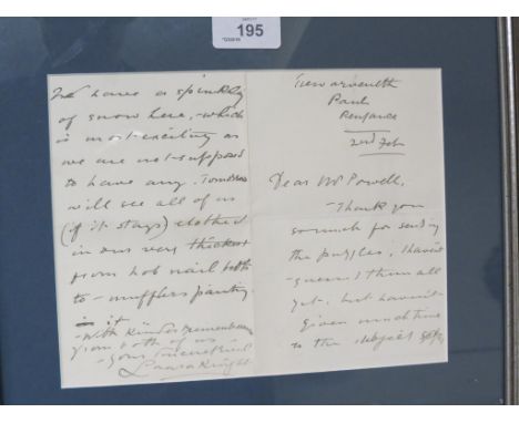 Laura Knight (1877-1970) - hand-written letter from Penzance in which she light-heartedly refers to painting the snow "in our