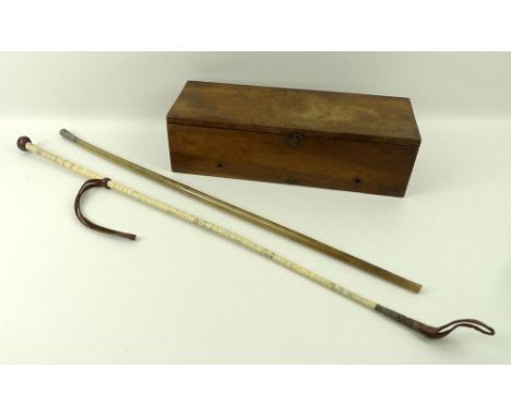 A Chinese silver mounted swagger stick of antelope horn, 57cm, a vintage riding crop, 67cm, and an oak box, 32 by 11 by 9cm. 