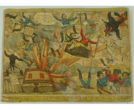 Congreve Billy: a hand painted print, 'The Assiduous blown up with Sham Ordnance', 24 by 33cm.