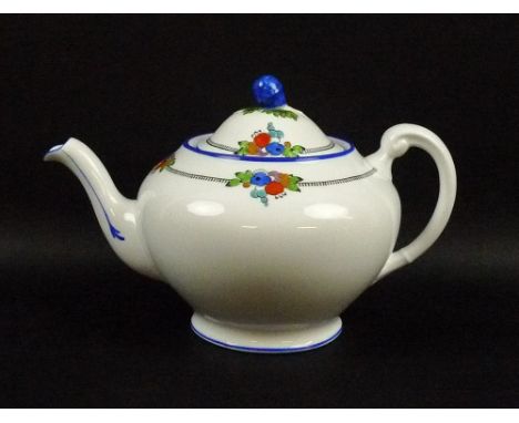 A Tuscan China part tea service, decorated with brightly coloured berries, flowers and fruit with blue edges and black detail