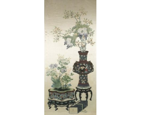 A Chinese print on silk showing a wisteria and blossoms growing in a ceramic container on stand, with another pot containing 
