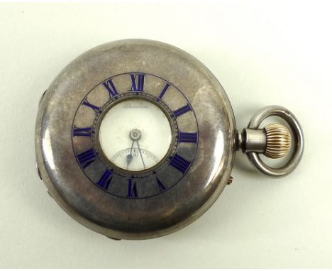 A silver half hunter pocket watch, by J W Benson 'The Keyless Ludgate Watch', patent number 4658, with blue enamel Roman nume