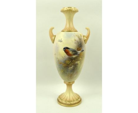 A Royal Worcester vase, signed and painted with a bullfinch amongst foliage by E. Barker, with fluted pedestal and neck, curv