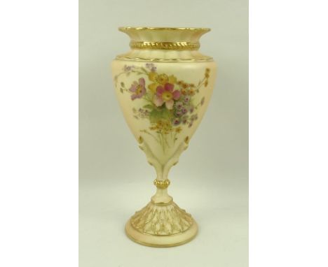 A Royal Worcester blush ivory porcelain vase, the body painted with flowers, with gilded highlights throughout, the pedestal 