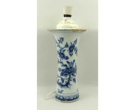 An English Delftware earthenware waisted vase with trumpet flare rim, the underglaze blue cobalt with Chinese peony design, w