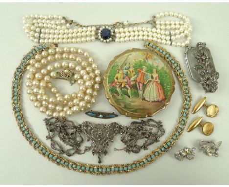 A collection of vintage costume jewellery comprising an Edwardian marcasite necklace, a silver and enamel brooch, a Stratton 