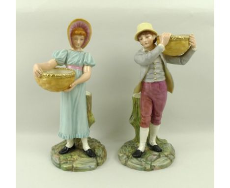 A pair of Royal Worcester blush ivory porcelain figurines, modelled as a boy and girl each carrying a basket, with green prin