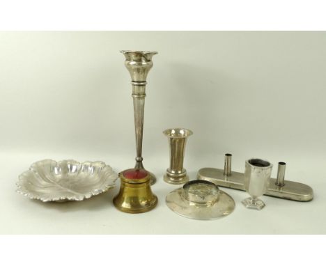 A group of silver items, comprising a leaf shaped dish, Birmingham 1966, Barker Ellis Silver Company, a Chester posy vase, a 